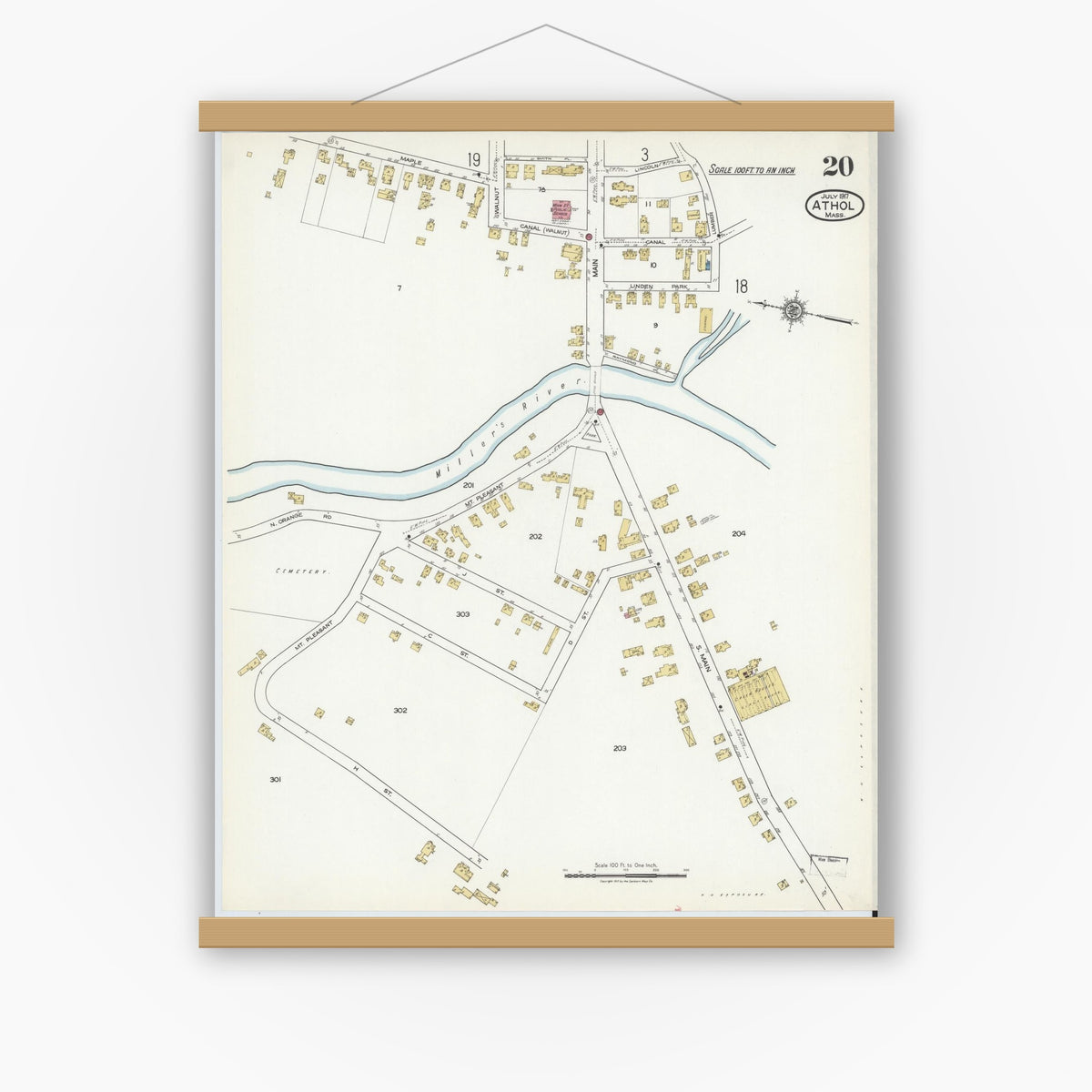 Old map wall art mockup — magnetic wood frame on white wall — Sanborn Fire Insurance Map from Athol, Worcester County, Massachusetts (1917), Sheet #0020