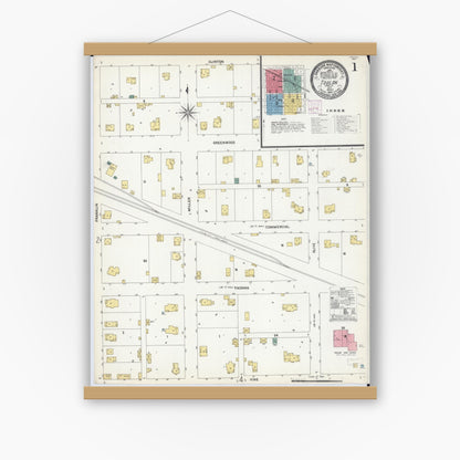Old map wall art mockup — magnetic wood frame on white wall — Sanborn Fire Insurance Map from Toulon, Stark County, Illinois (1907), Sheet #0001