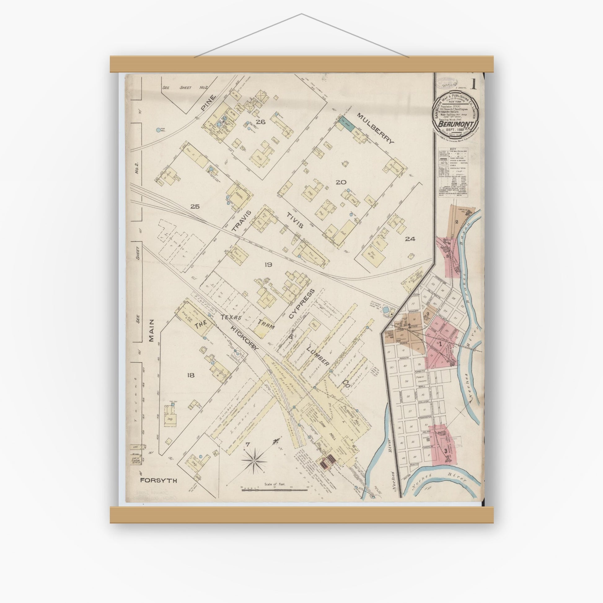 Old map wall art mockup — magnetic wood frame on white wall — Sanborn Fire Insurance Map from Beaumont, Jefferson County, Texas (1885), Sheet #0001