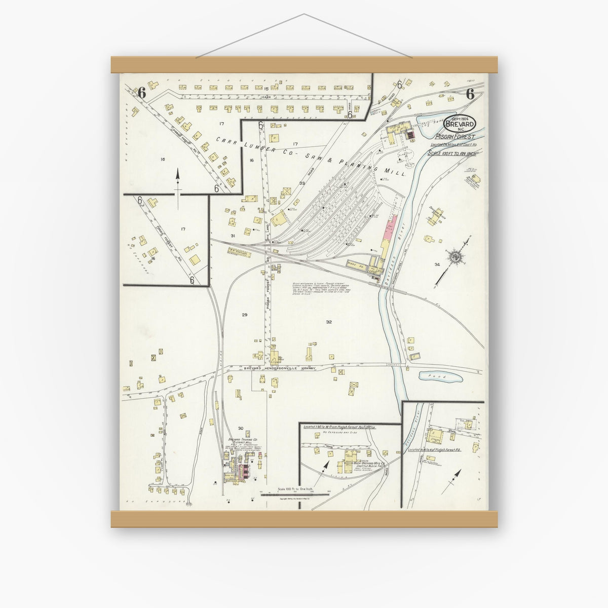 Old map wall art mockup — magnetic wood frame on white wall — Sanborn Fire Insurance Map from Brevard, Transylvania County, North Carolina (1924), Sheet #0006