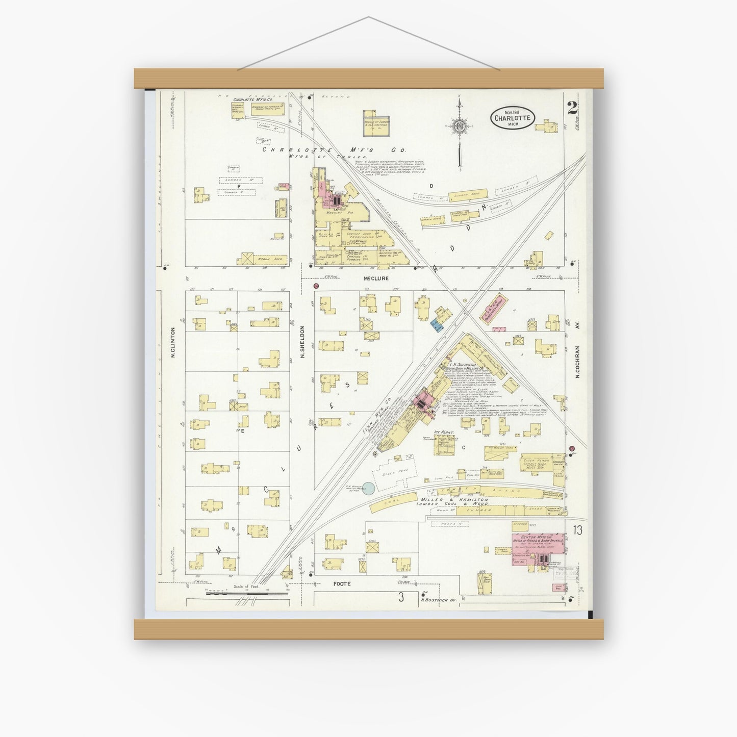 Old map wall art mockup — magnetic wood frame on white wall — Sanborn Fire Insurance Map from Charlotte, Eaton County, Michigan (1911), Sheet #0002