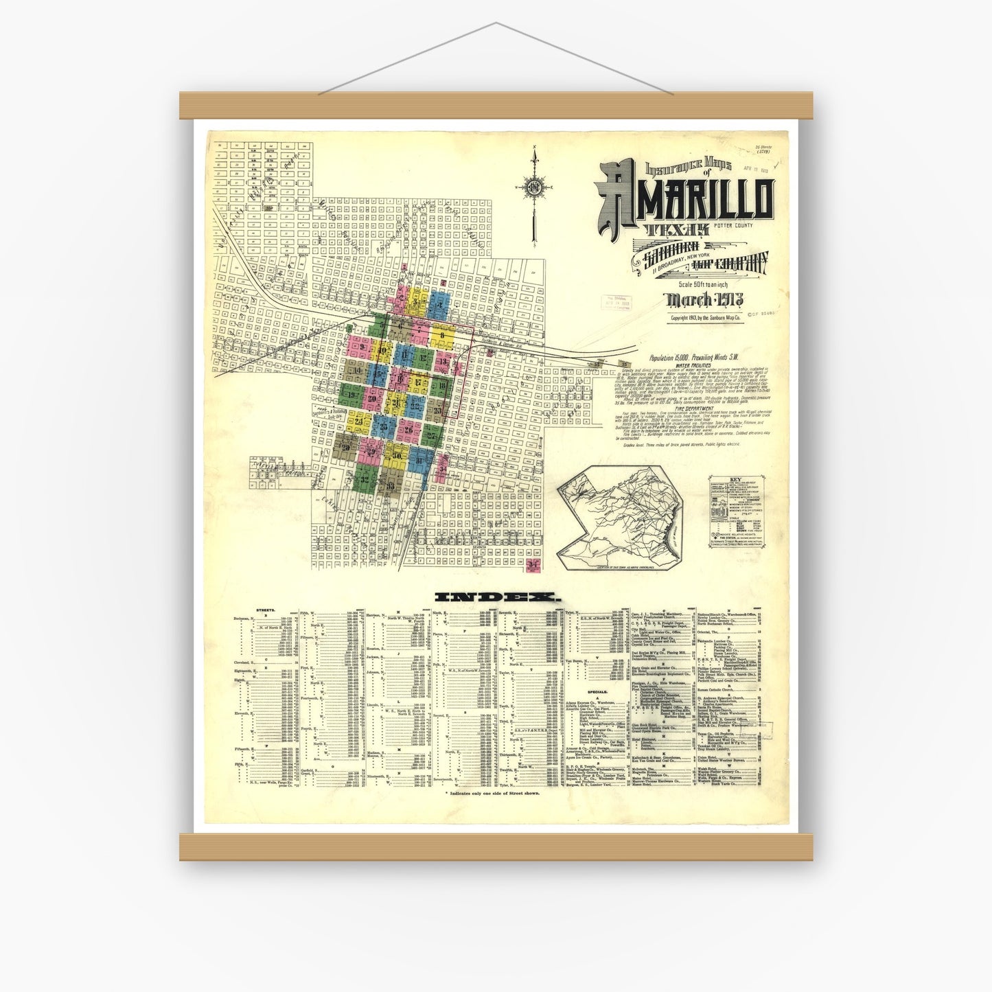 Old map wall art mockup — magnetic wood frame on white wall — Sanborn Fire Insurance Map from Amarillo, Potter County, Texas (1913), Sheet #0001