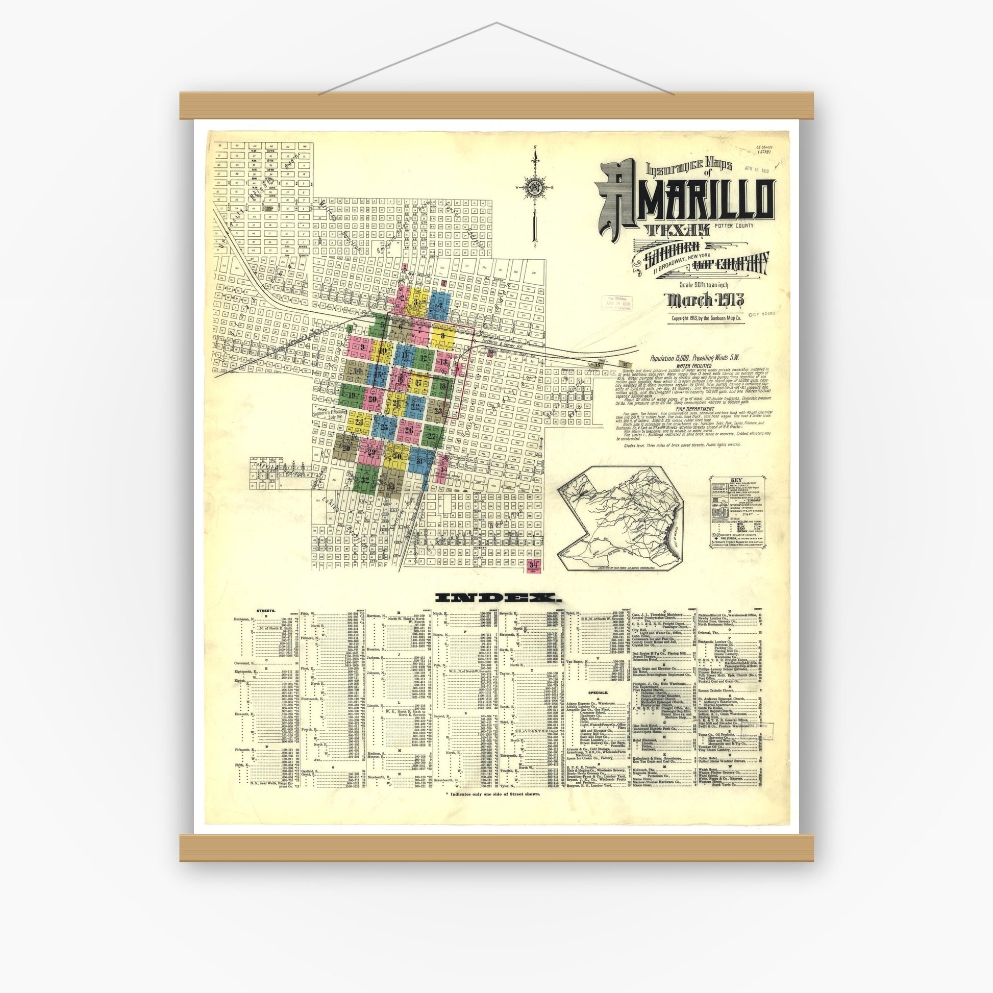 Old map wall art mockup — magnetic wood frame on white wall — Sanborn Fire Insurance Map from Amarillo, Potter County, Texas (1913), Sheet #0001