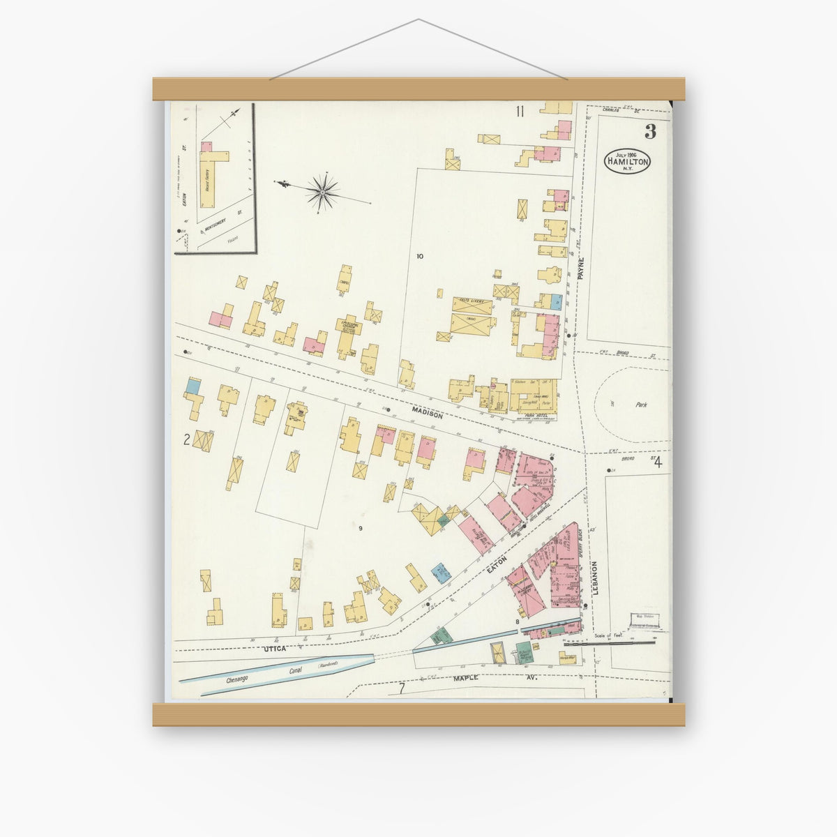 Old map wall art mockup — magnetic wood frame on white wall — Sanborn Fire Insurance Map from Hamilton, Madison County, New York (1906), Sheet #0003
