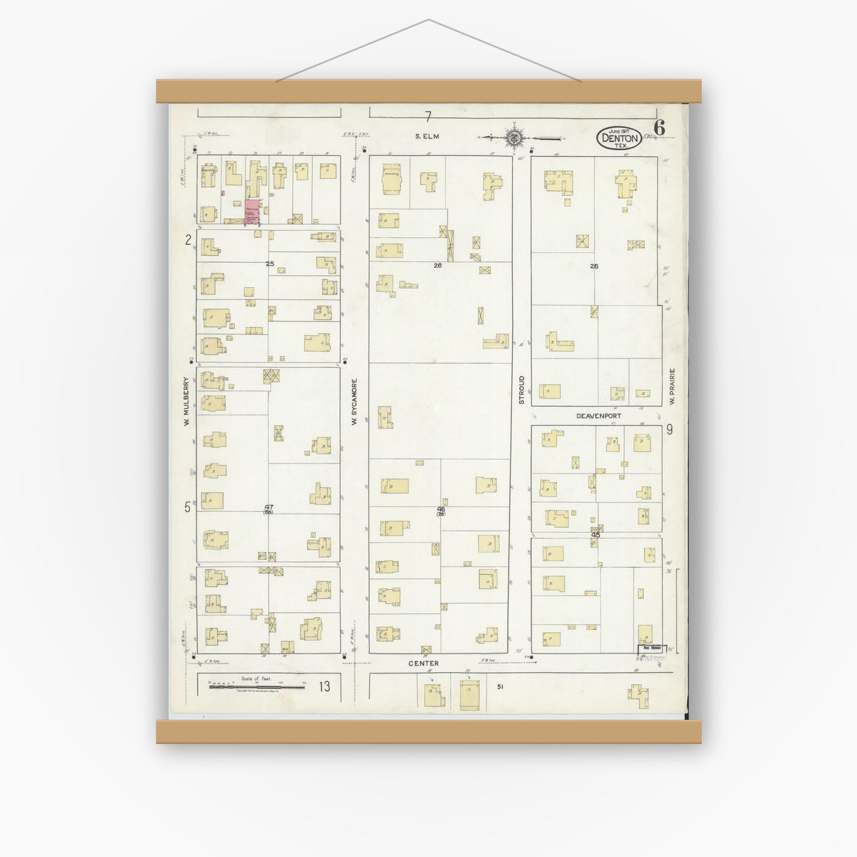 Old map wall art mockup — magnetic wood frame on white wall — Sanborn Fire Insurance Map from Denton, Denton County, Texas (1917), Sheet #0006