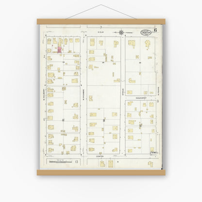 Old map wall art mockup — magnetic wood frame on white wall — Sanborn Fire Insurance Map from Denton, Denton County, Texas (1917), Sheet #0006