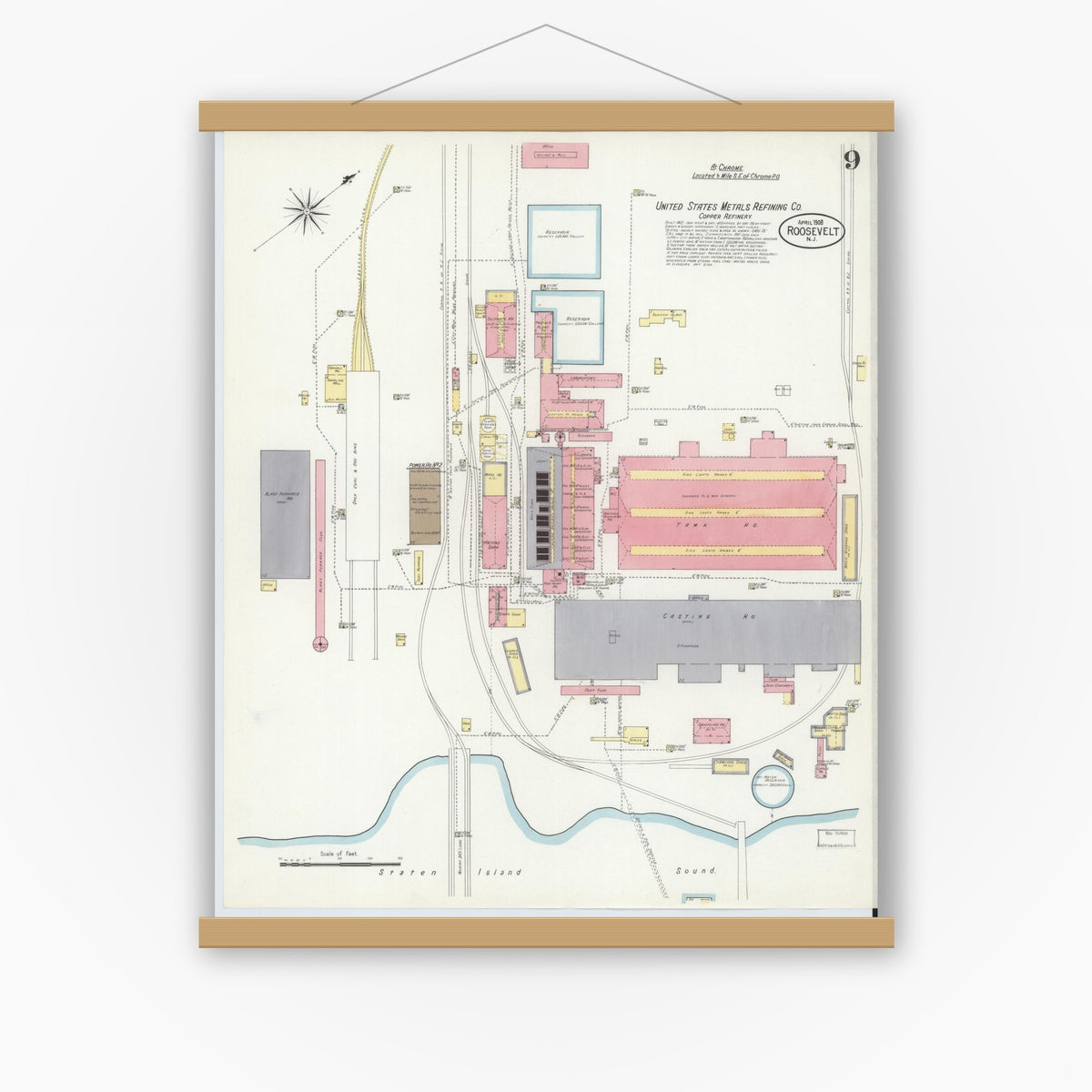 Old map wall art mockup — magnetic wood frame on white wall — Sanborn Fire Insurance Map from Roosevelt, Middlesex County, New Jersey (1908), Sheet #0009