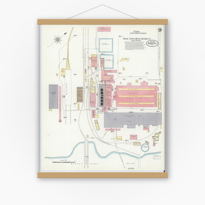 Old map wall art mockup — magnetic wood frame on white wall — Sanborn Fire Insurance Map from Roosevelt, Middlesex County, New Jersey (1908), Sheet #0009