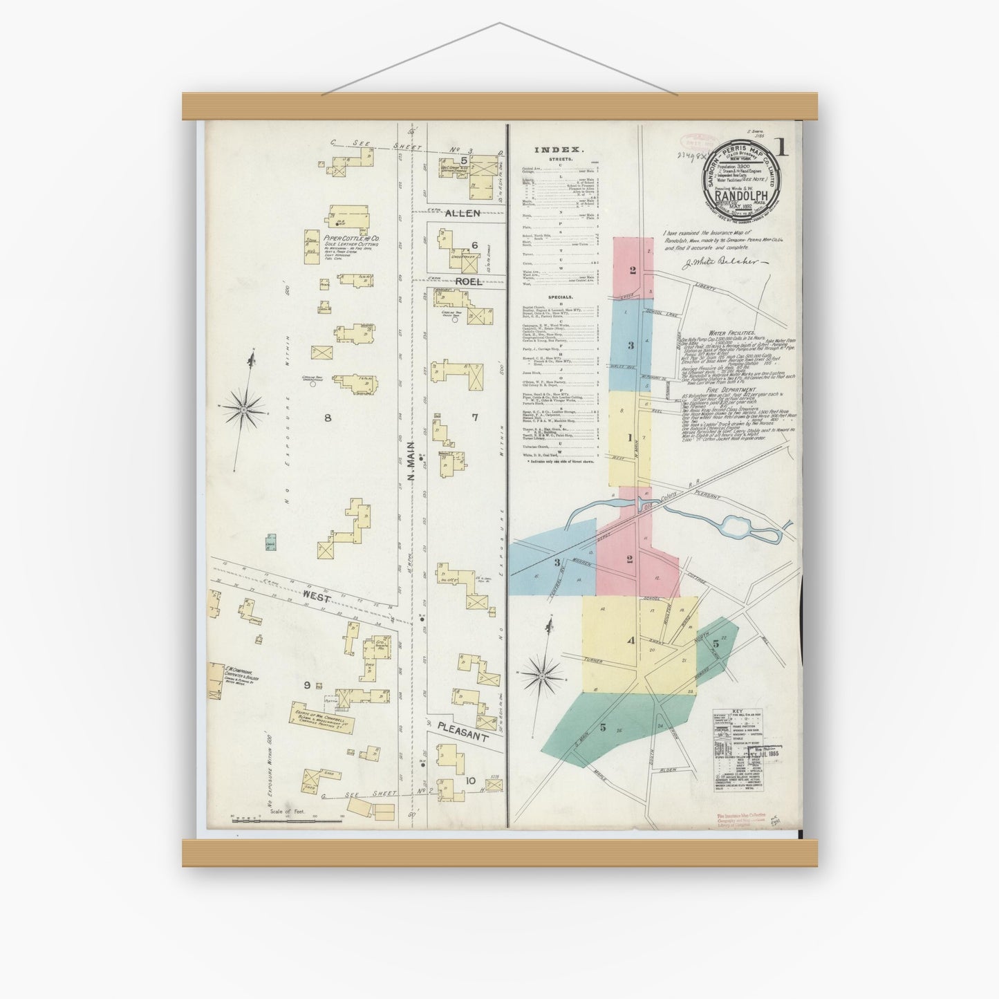 Old map wall art mockup — magnetic wood frame on white wall — Sanborn Fire Insurance Map from Randolph, Norfolk County, Massachusetts (1892), Sheet #0001