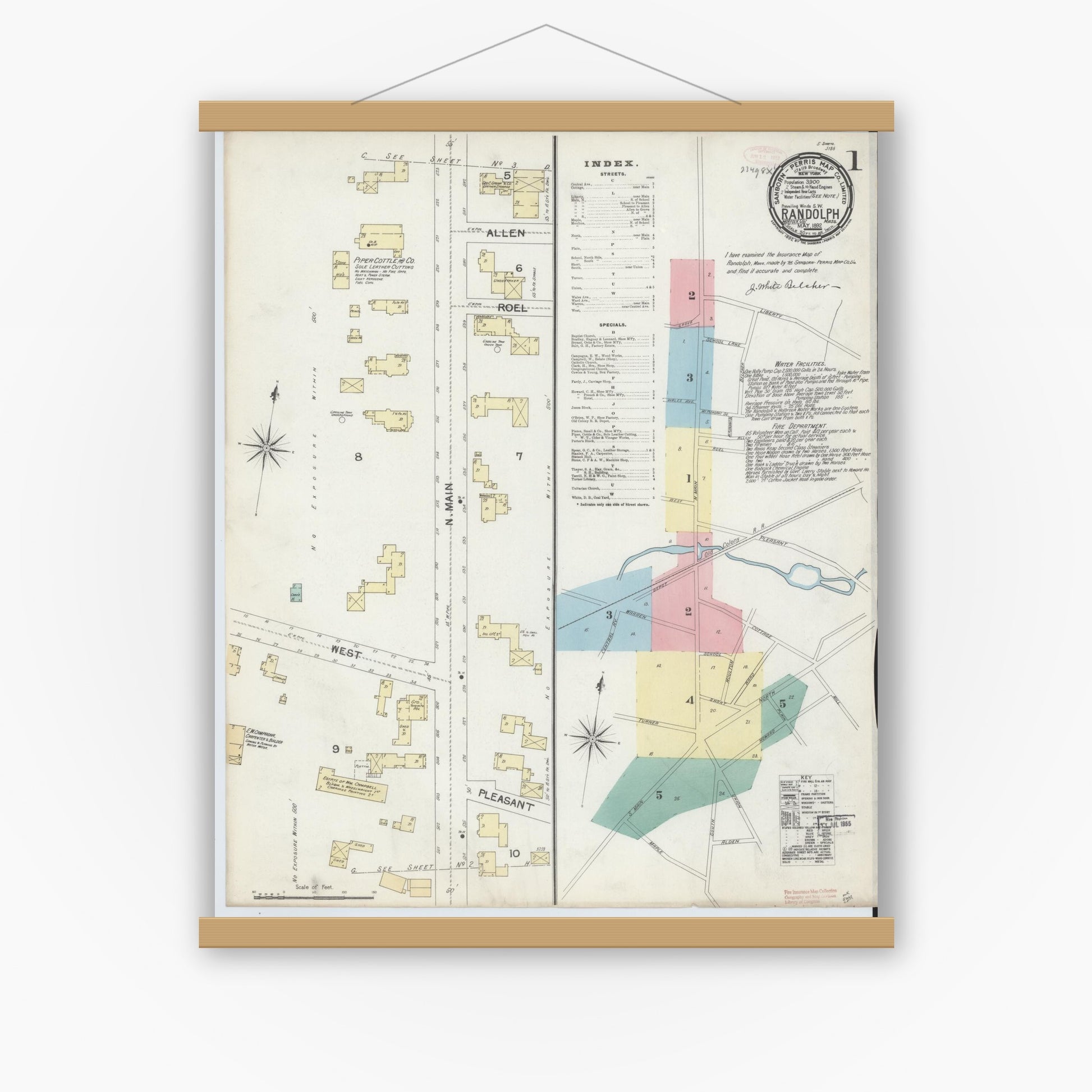 Old map wall art mockup — magnetic wood frame on white wall — Sanborn Fire Insurance Map from Randolph, Norfolk County, Massachusetts (1892), Sheet #0001