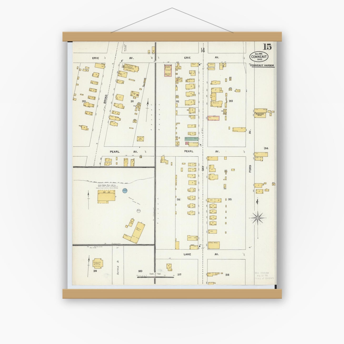Old map wall art mockup — magnetic wood frame on white wall — Sanborn Fire Insurance Map from Conneaut, Ashtabula County, Ohio (1902), Sheet #0015