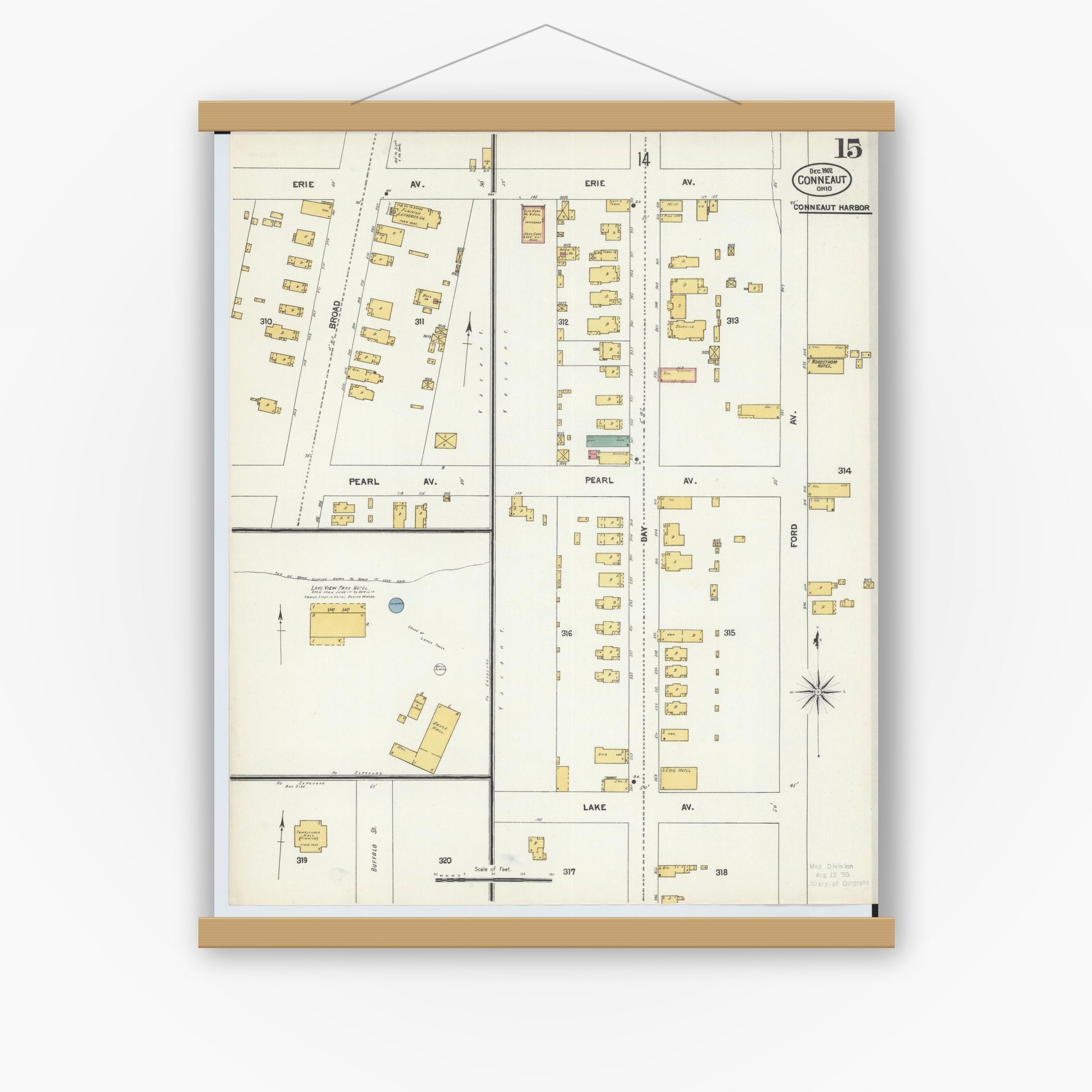 Old map wall art mockup — magnetic wood frame on white wall — Sanborn Fire Insurance Map from Conneaut, Ashtabula County, Ohio (1902), Sheet #0015