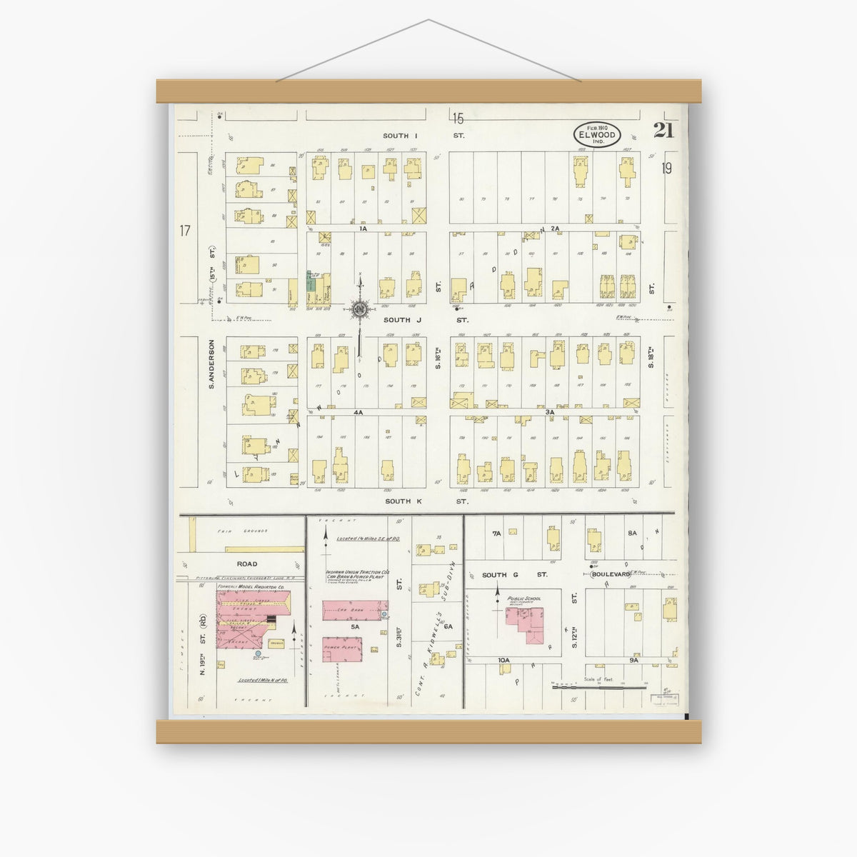 Old map wall art mockup — magnetic wood frame on white wall — Sanborn Fire Insurance Map from Elwood, Madison County, Indiana (1910), Sheet #0021