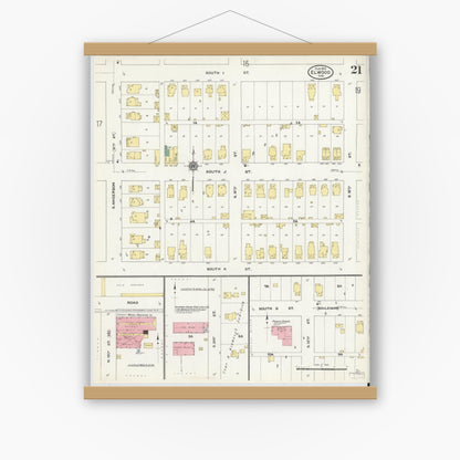 Old map wall art mockup — magnetic wood frame on white wall — Sanborn Fire Insurance Map from Elwood, Madison County, Indiana (1910), Sheet #0021