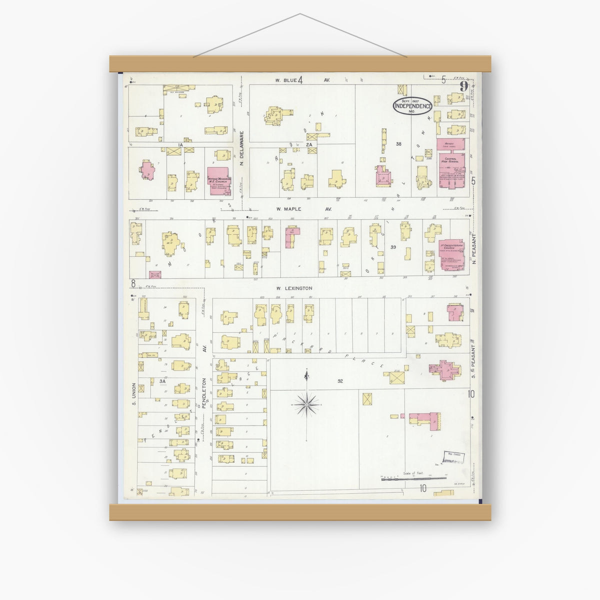Old map wall art mockup — magnetic wood frame on white wall — Sanborn Fire Insurance Map from Independence, Jackson County, Missouri (1907), Sheet #0009