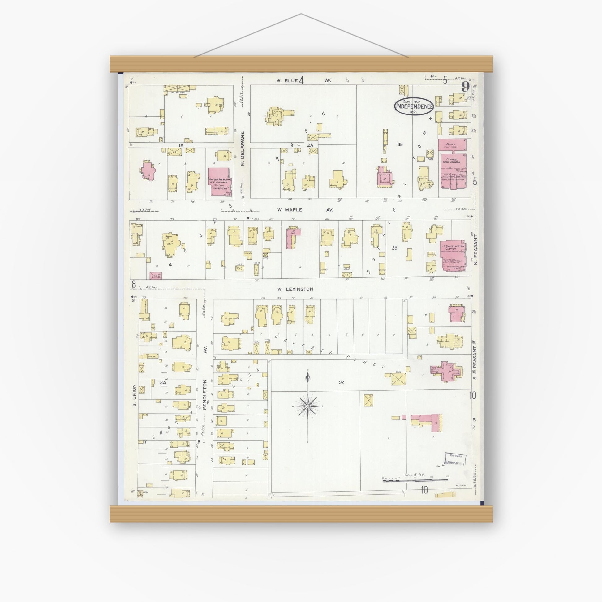 Old map wall art mockup — magnetic wood frame on white wall — Sanborn Fire Insurance Map from Independence, Jackson County, Missouri (1907), Sheet #0009