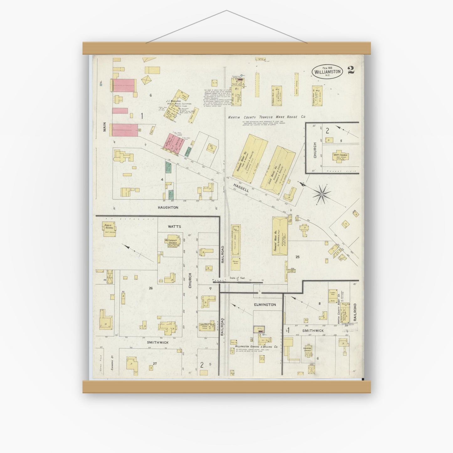 Old map wall art mockup — magnetic wood frame on white wall — Sanborn Fire Insurance Map from Williamston, Martin County, North Carolina (1908), Sheet #0002