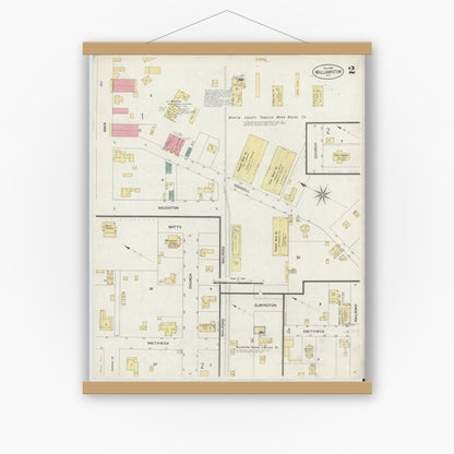 Old map wall art mockup — magnetic wood frame on white wall — Sanborn Fire Insurance Map from Williamston, Martin County, North Carolina (1908), Sheet #0002