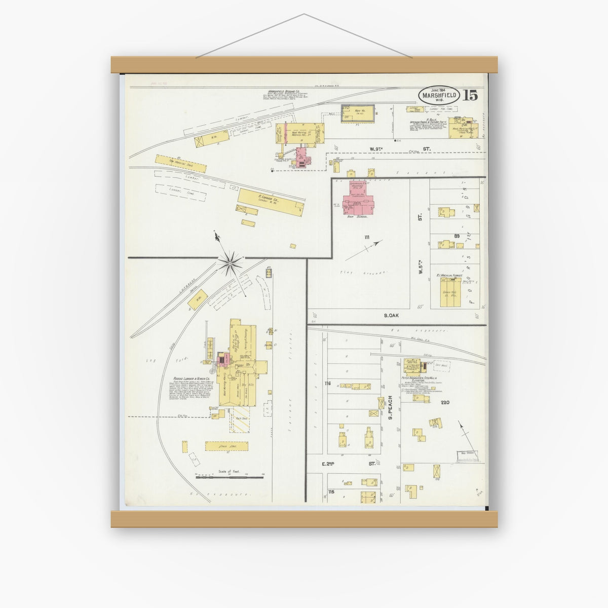 Old map wall art mockup — magnetic wood frame on white wall — Sanborn Fire Insurance Map from Marshfield, Wood County, Wisconsin (1904), Sheet #0015