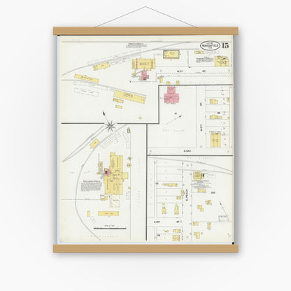 Old map wall art mockup — magnetic wood frame on white wall — Sanborn Fire Insurance Map from Marshfield, Wood County, Wisconsin (1904), Sheet #0015