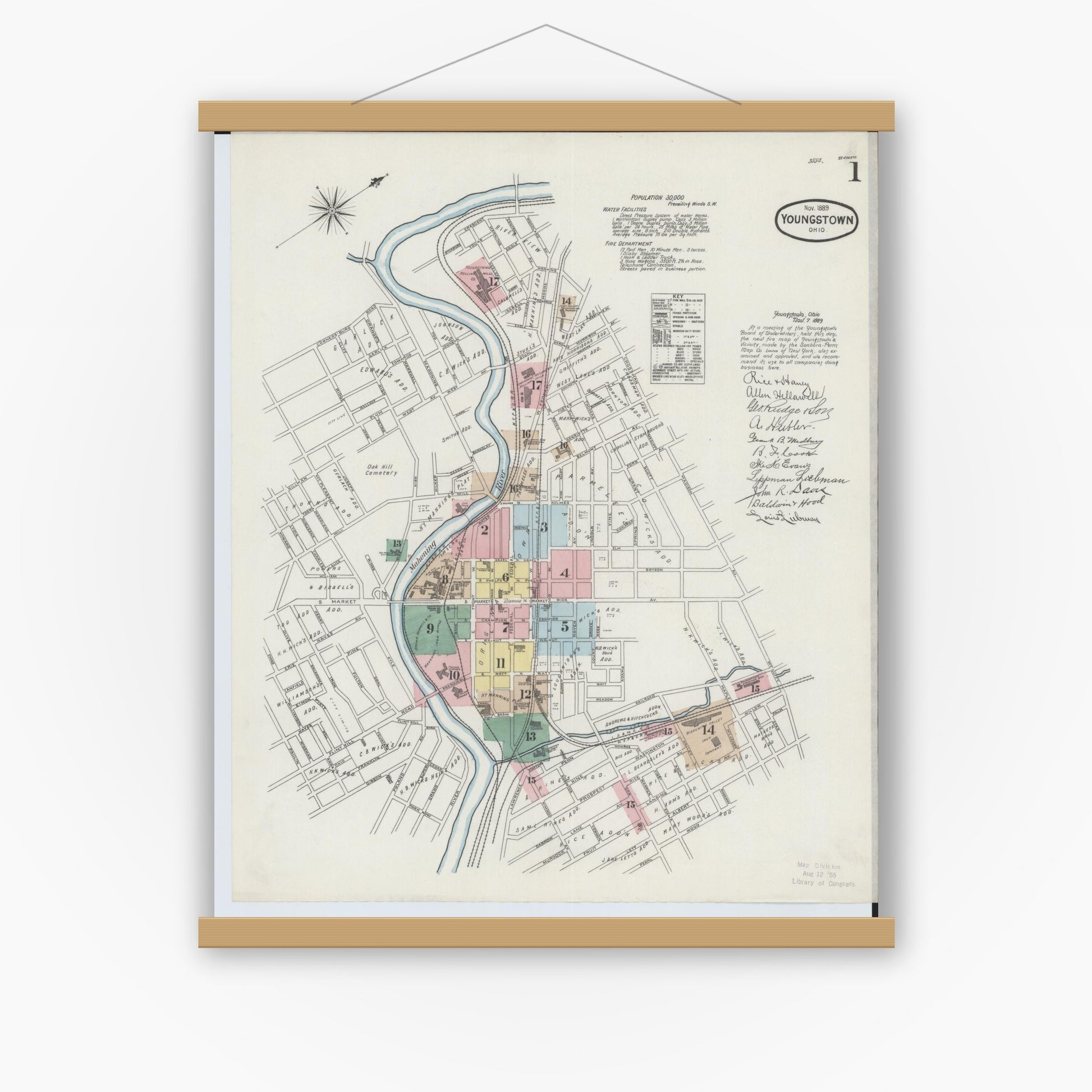 Old map wall art mockup — magnetic wood frame on white wall — Sanborn Fire Insurance Map from Youngstown, Mahoning County, Ohio (1889), Sheet #0001
