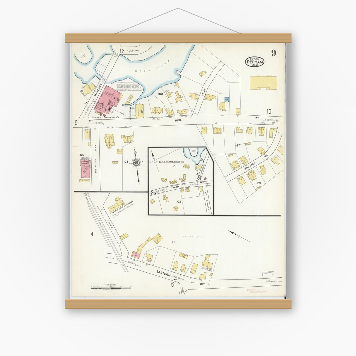 Old map wall art mockup — magnetic wood frame on white wall — Sanborn Fire Insurance Map from Dedham, Norfolk County, Massachusetts (1917), Sheet #0009