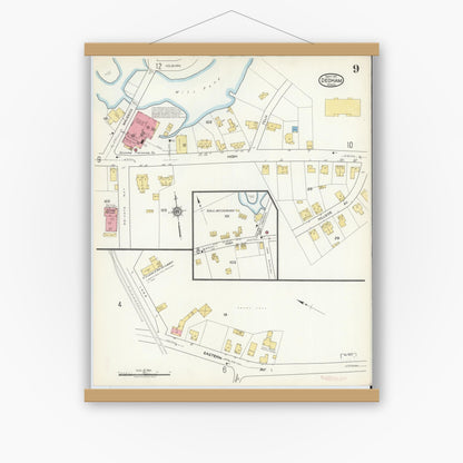 Old map wall art mockup — magnetic wood frame on white wall — Sanborn Fire Insurance Map from Dedham, Norfolk County, Massachusetts (1917), Sheet #0009