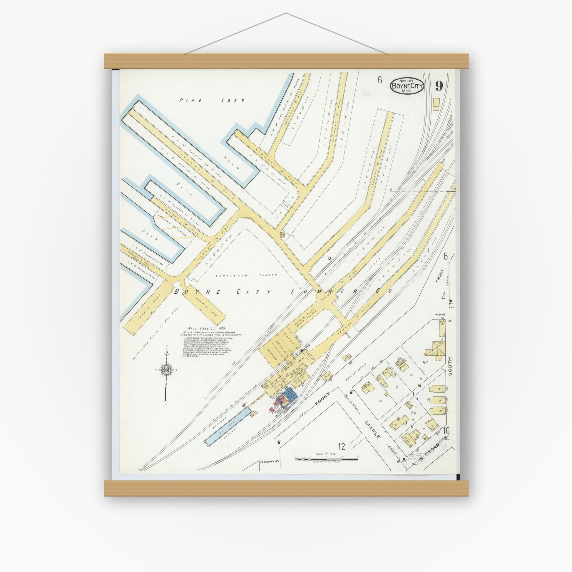 Old map wall art mockup — magnetic wood frame on white wall — Sanborn Fire Insurance Map from Boyne City, Charlevoix County, Michigan (1919), Sheet #0009