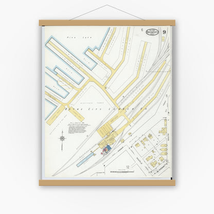 Old map wall art mockup — magnetic wood frame on white wall — Sanborn Fire Insurance Map from Boyne City, Charlevoix County, Michigan (1919), Sheet #0009