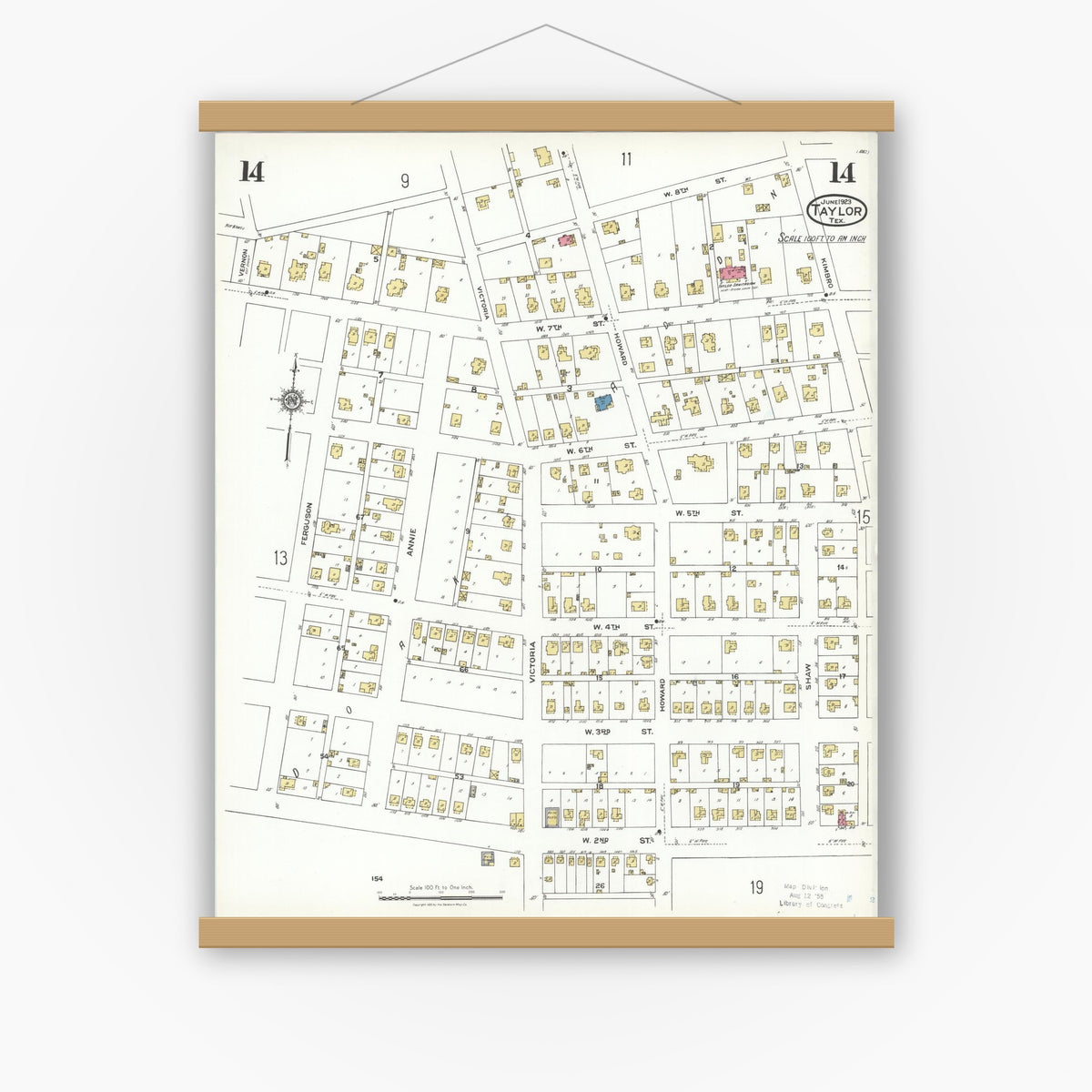 Old map wall art mockup — magnetic wood frame on white wall — Sanborn Fire Insurance Map from Taylor, Williamson County, Texas (1923), Sheet #0014