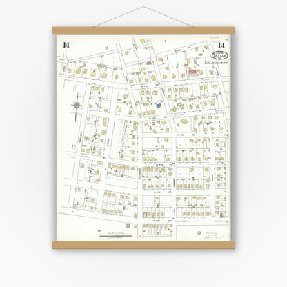 Old map wall art mockup — magnetic wood frame on white wall — Sanborn Fire Insurance Map from Taylor, Williamson County, Texas (1923), Sheet #0014