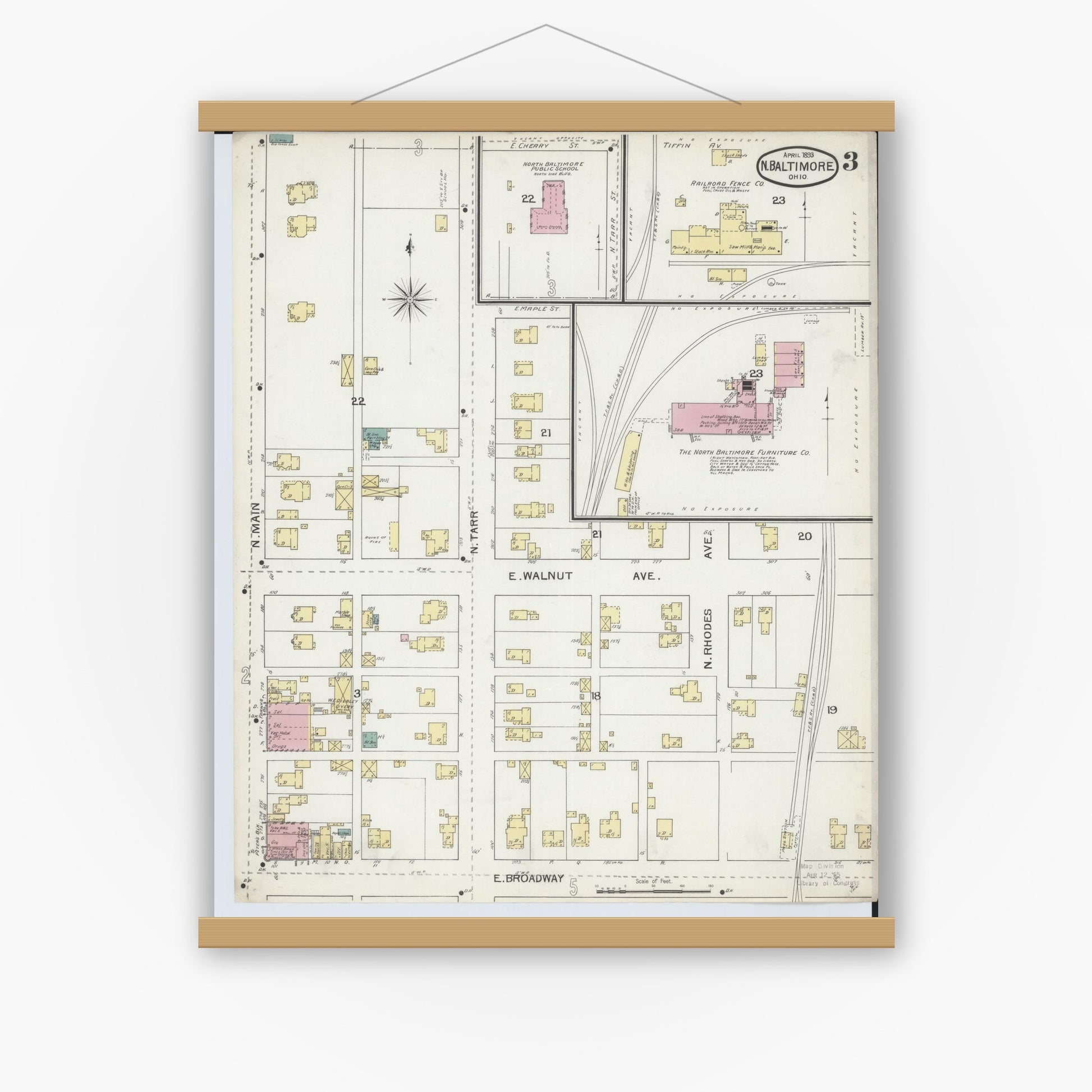 Old map wall art mockup — magnetic wood frame on white wall — Sanborn Fire Insurance Map from North Baltimore, Wood County, Ohio (1893), Sheet #0003