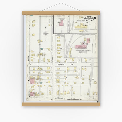 Old map wall art mockup — magnetic wood frame on white wall — Sanborn Fire Insurance Map from North Baltimore, Wood County, Ohio (1893), Sheet #0003
