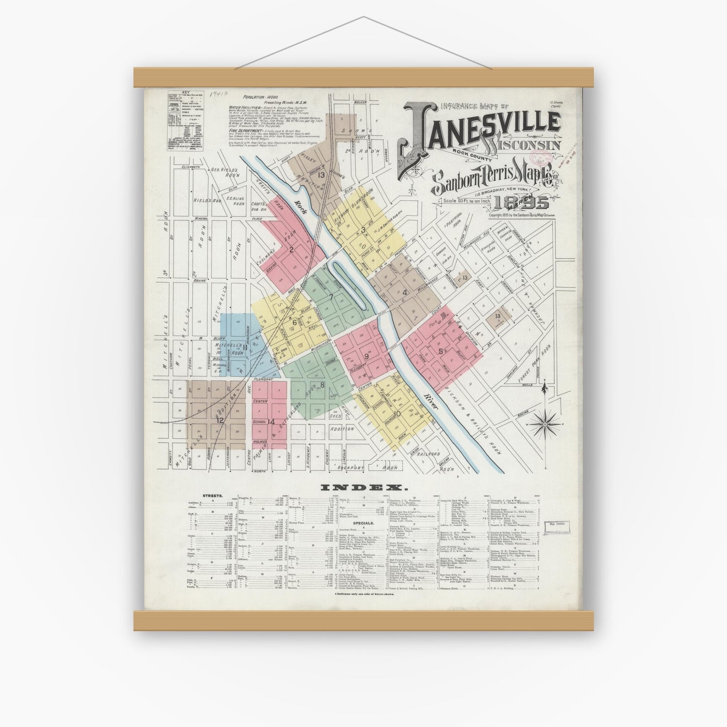 Old map wall art mockup — magnetic wood frame on white wall — Sanborn Fire Insurance Map from Janesville, Rock County, Wisconsin (1895), Sheet #0001