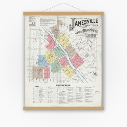 Old map wall art mockup — magnetic wood frame on white wall — Sanborn Fire Insurance Map from Janesville, Rock County, Wisconsin (1895), Sheet #0001