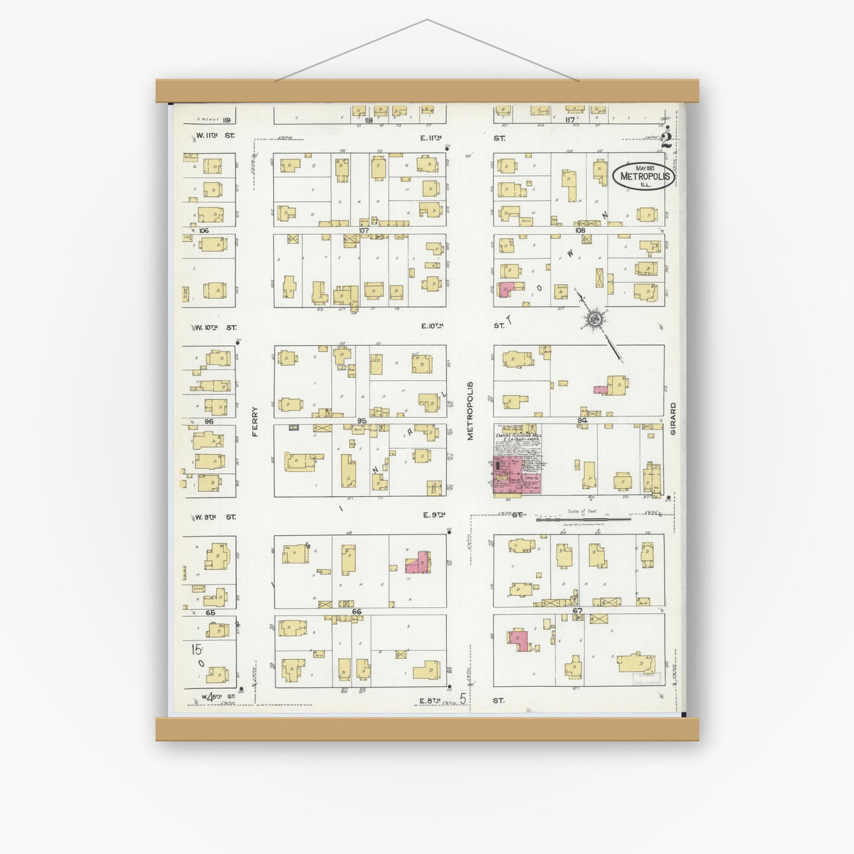 Old map wall art mockup — magnetic wood frame on white wall — Sanborn Fire Insurance Map from Metropolis, Massac County, Illinois (1921), Sheet #0002