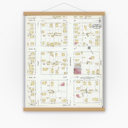 Old map wall art mockup — magnetic wood frame on white wall — Sanborn Fire Insurance Map from Metropolis, Massac County, Illinois (1921), Sheet #0002
