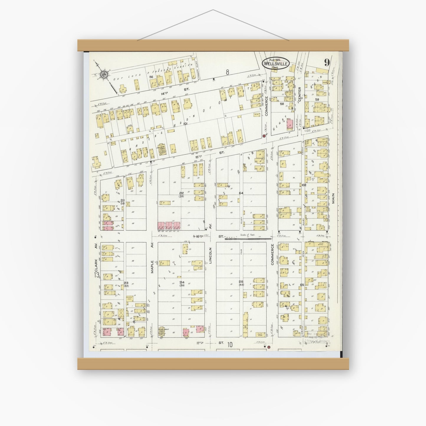 Old map wall art mockup — magnetic wood frame on white wall — Sanborn Fire Insurance Map from Wellsville, Columbiana County, Ohio (1915), Sheet #0009