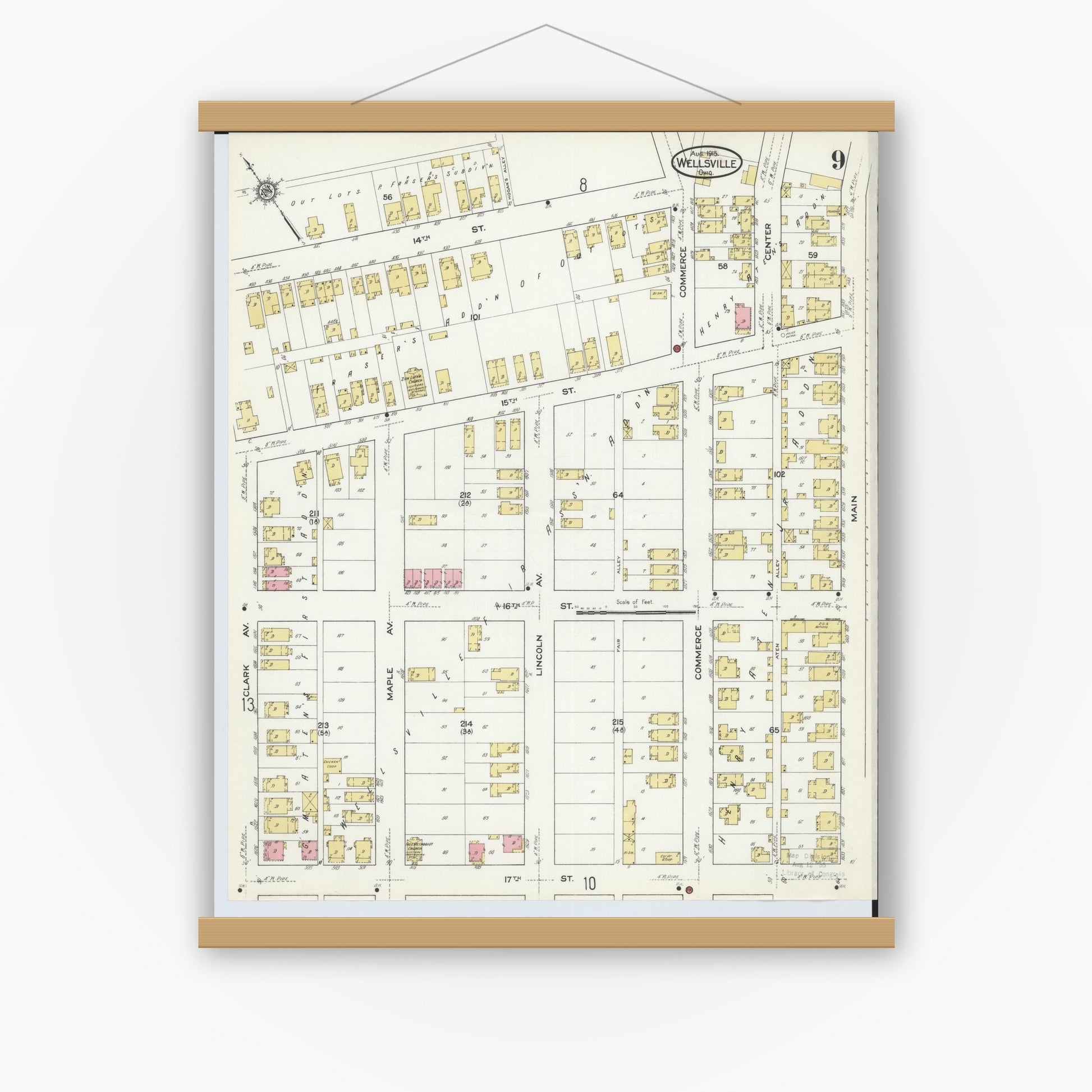 Old map wall art mockup — magnetic wood frame on white wall — Sanborn Fire Insurance Map from Wellsville, Columbiana County, Ohio (1915), Sheet #0009
