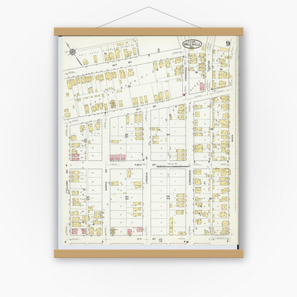 Old map wall art mockup — magnetic wood frame on white wall — Sanborn Fire Insurance Map from Wellsville, Columbiana County, Ohio (1915), Sheet #0009