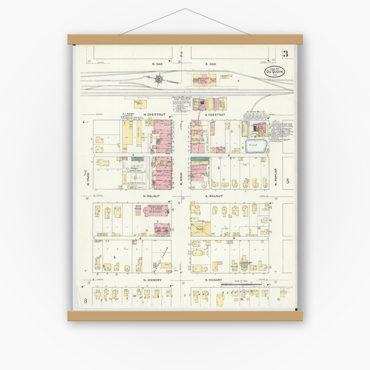 Old map wall art mockup — magnetic wood frame on white wall — Sanborn Fire Insurance Map from Du Quoin, Perry County, Illinois (1910), Sheet #0003