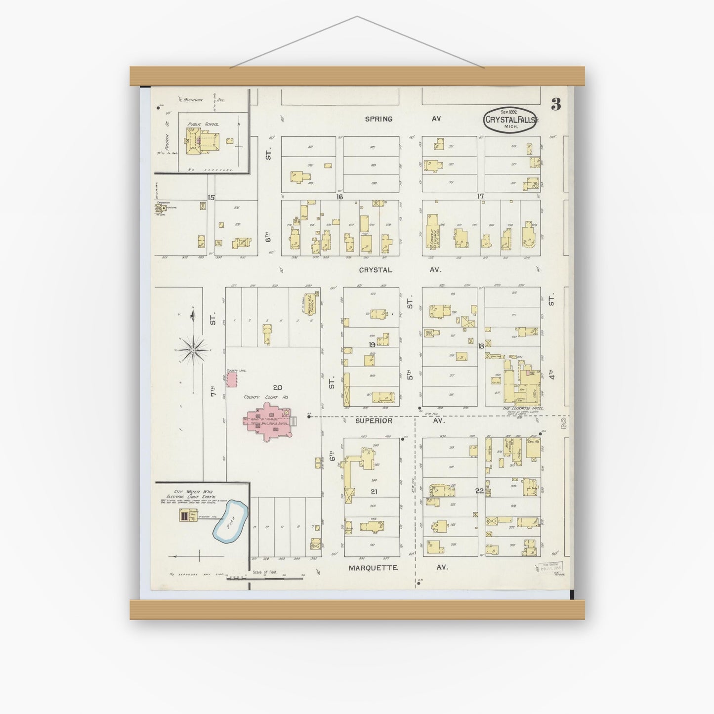 Old map wall art mockup — magnetic wood frame on white wall — Sanborn Fire Insurance Map from Crystal Falls, Iron County, Michigan (1892), Sheet #0003