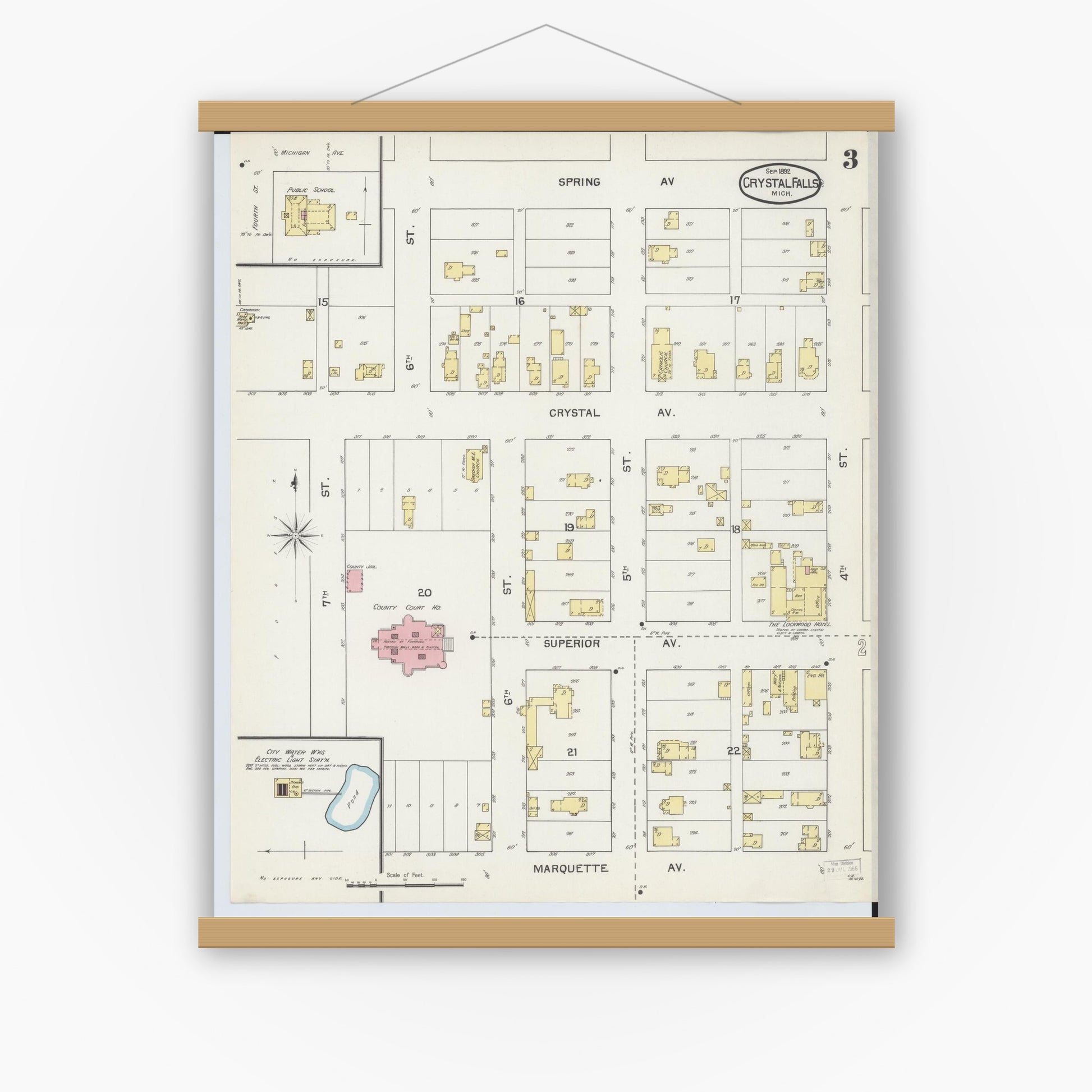 Old map wall art mockup — magnetic wood frame on white wall — Sanborn Fire Insurance Map from Crystal Falls, Iron County, Michigan (1892), Sheet #0003