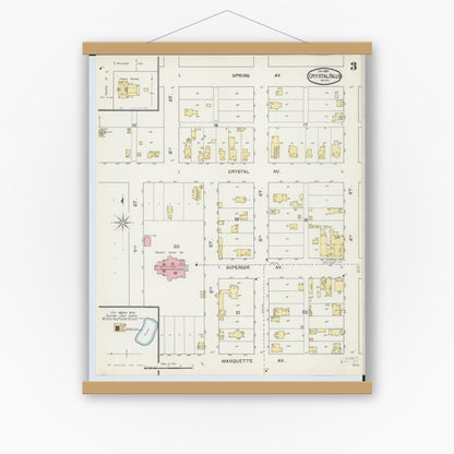 Old map wall art mockup — magnetic wood frame on white wall — Sanborn Fire Insurance Map from Crystal Falls, Iron County, Michigan (1892), Sheet #0003