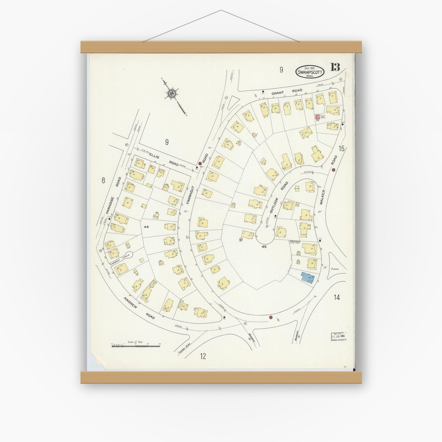 Old map wall art mockup — magnetic wood frame on white wall — Sanborn Fire Insurance Map from Swampscott, Essex County, Massachusetts (1913), Sheet #0013