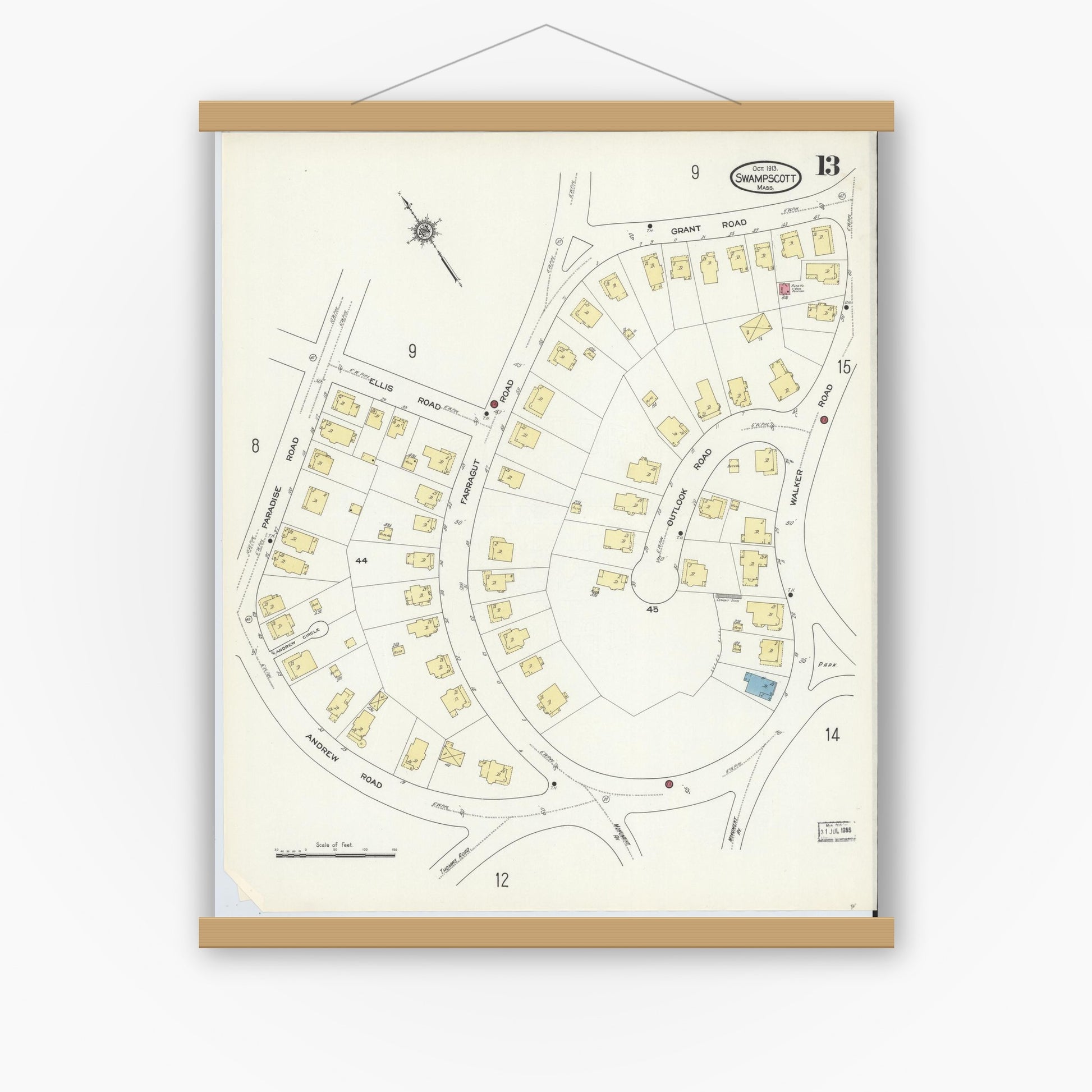 Old map wall art mockup — magnetic wood frame on white wall — Sanborn Fire Insurance Map from Swampscott, Essex County, Massachusetts (1913), Sheet #0013