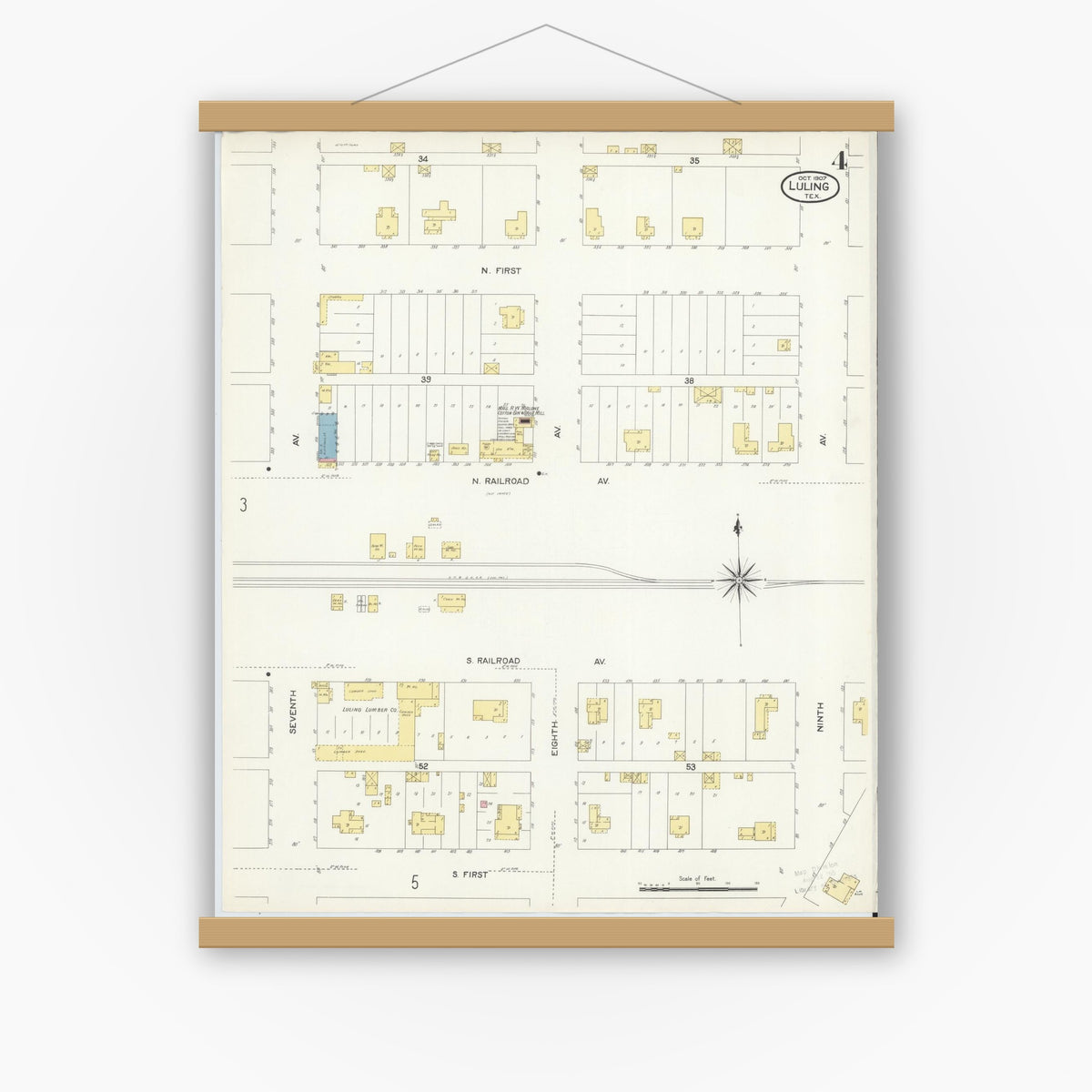 Old map wall art mockup — magnetic wood frame on white wall — Sanborn Fire Insurance Map from Luling, Caldwell County, Texas (1907), Sheet #0004