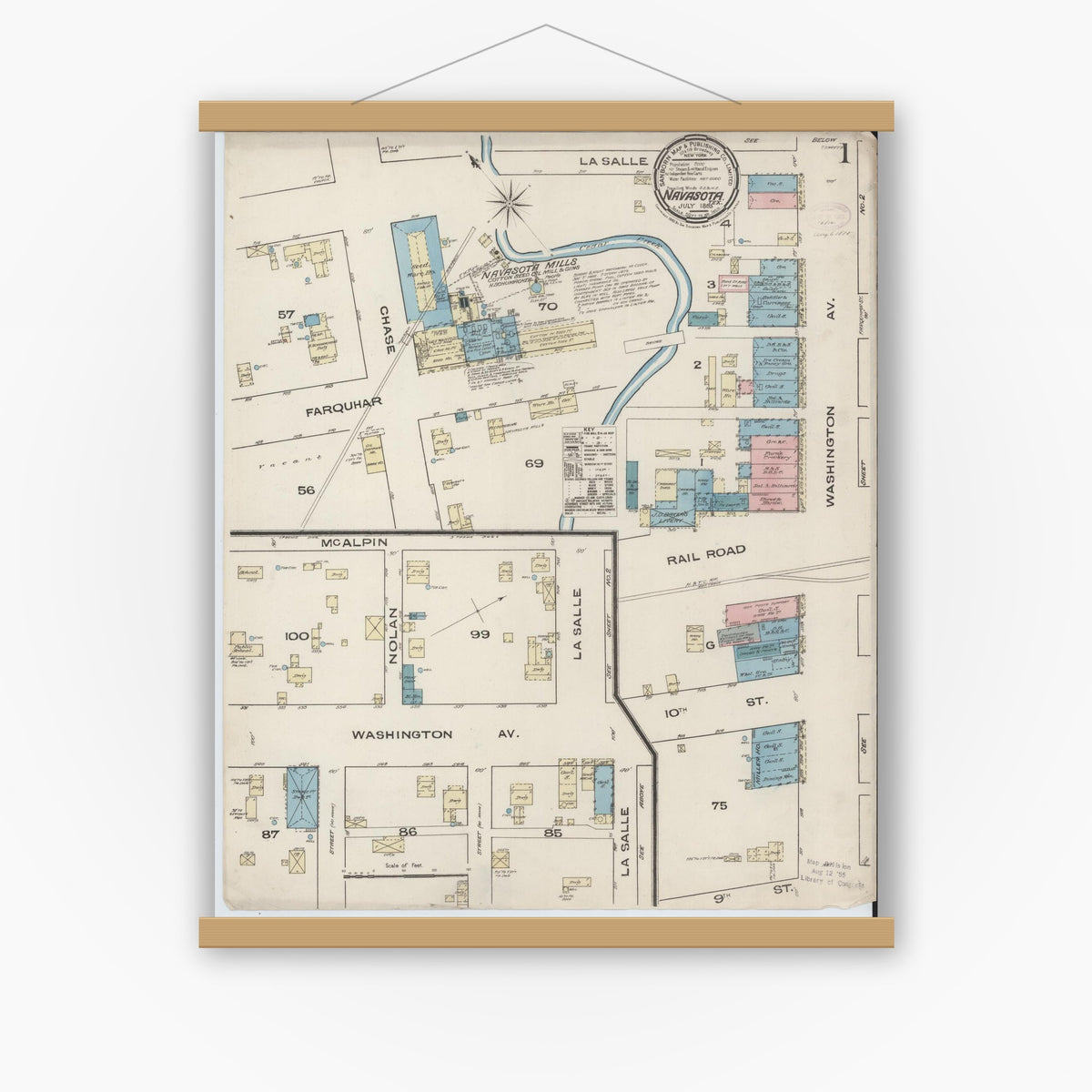 Old map wall art mockup — magnetic wood frame on white wall — Sanborn Fire Insurance Map from Navasota, Grimes County, Texas (1885) - Complete Map Set