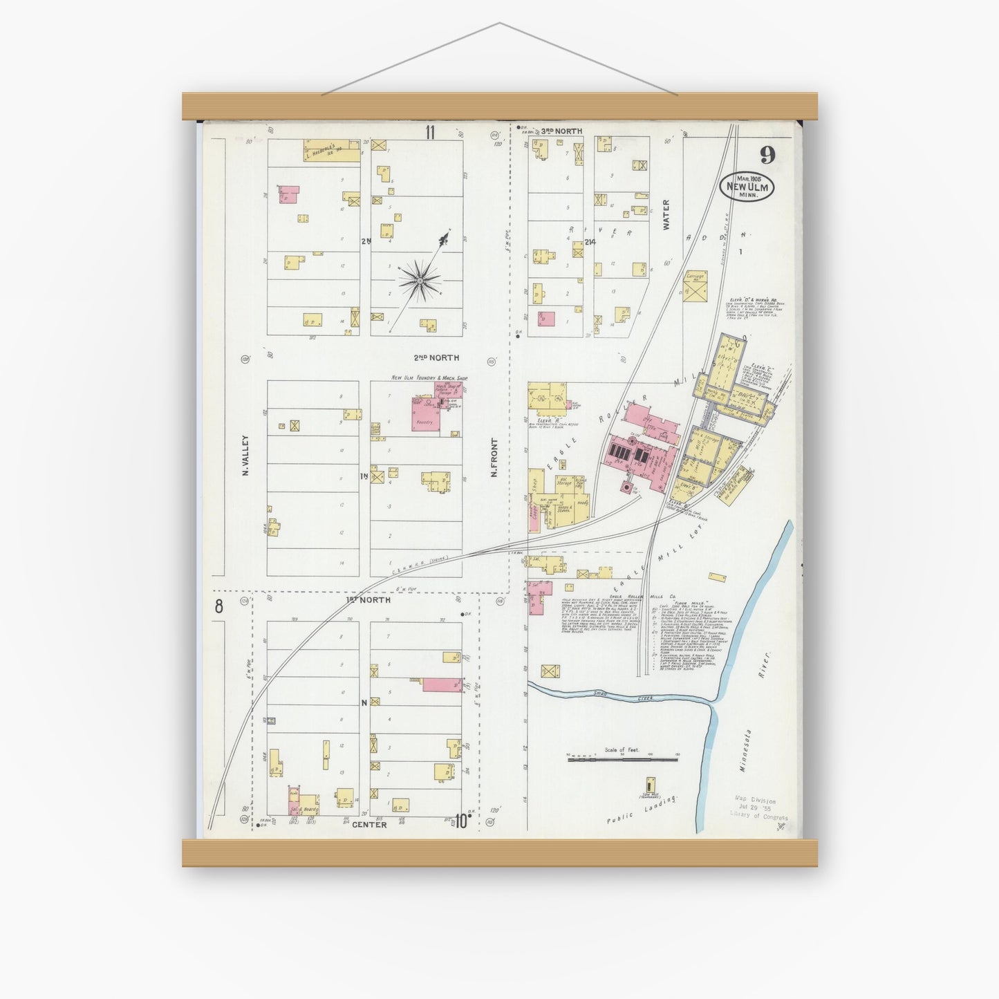 Old map wall art mockup — magnetic wood frame on white wall — Sanborn Fire Insurance Map from New Ulm, Brown County, Minnesota (1905), Sheet #0009