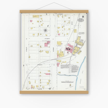 Old map wall art mockup — magnetic wood frame on white wall — Sanborn Fire Insurance Map from New Ulm, Brown County, Minnesota (1905), Sheet #0009